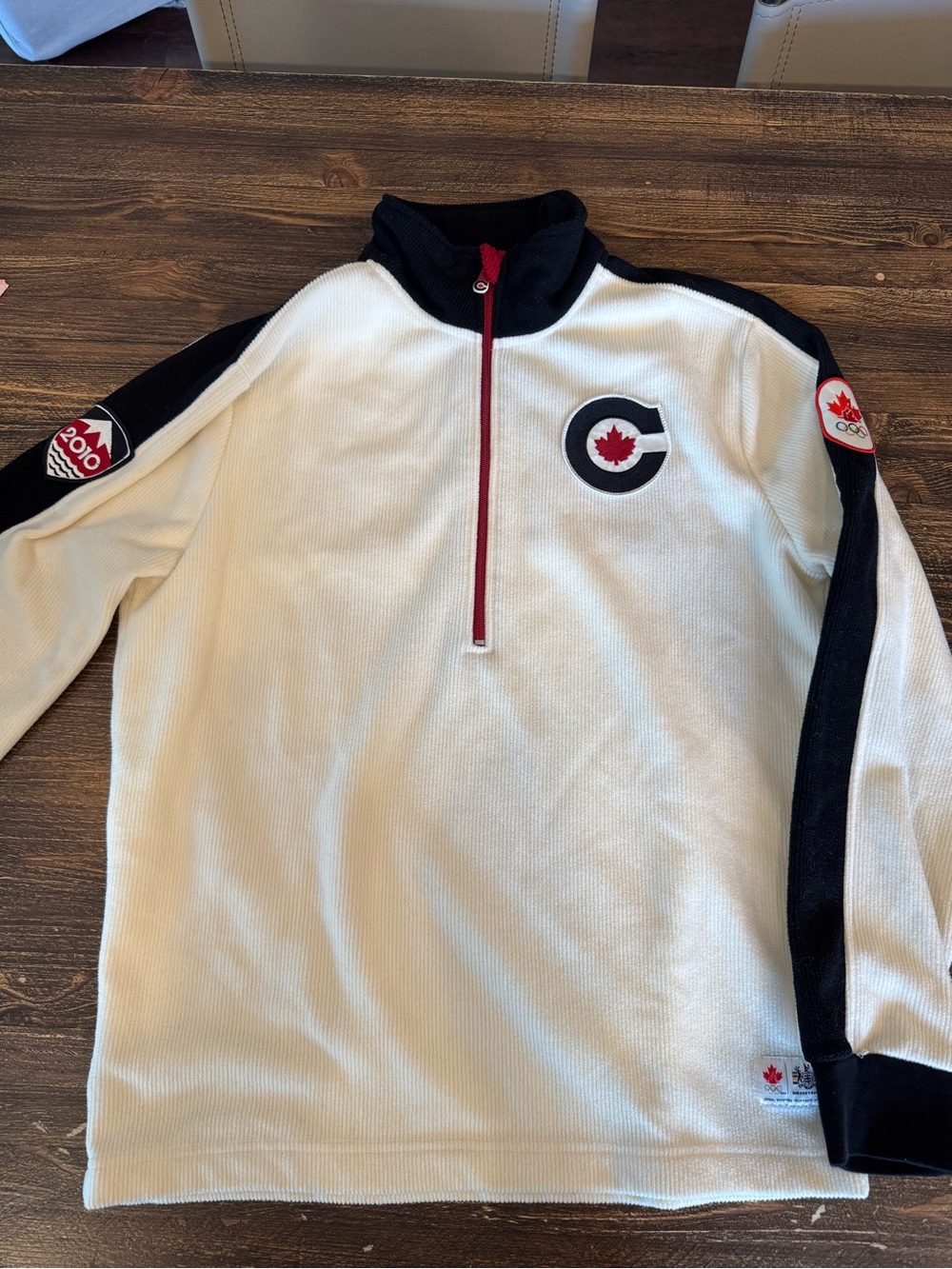 2010 Olympic Men's White Half-Zip Sweater with Black Sleeves and Red Trim